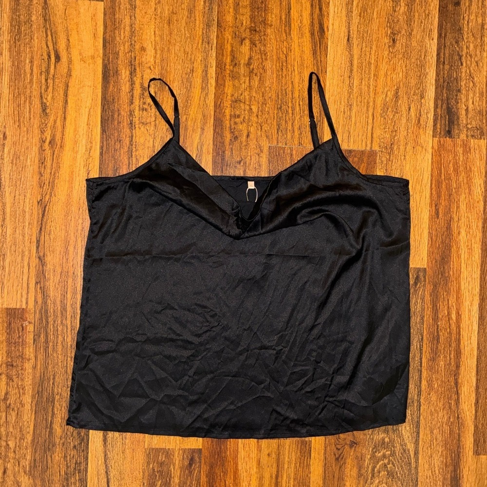 Xatren Black Satin Cowl Neck Camisole Adjustable Spaghetti Strap Tank Top XL